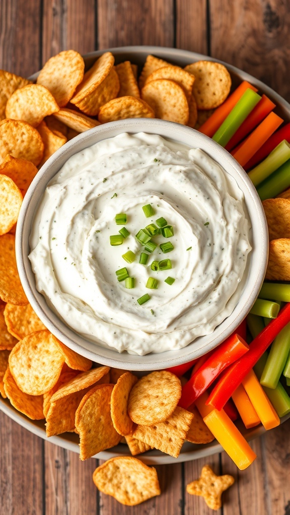 Classic 3-2-1 Onion Dip Recipe Creamy onion dip in a bowl with chips, crackers, and vegetables on a rustic table.